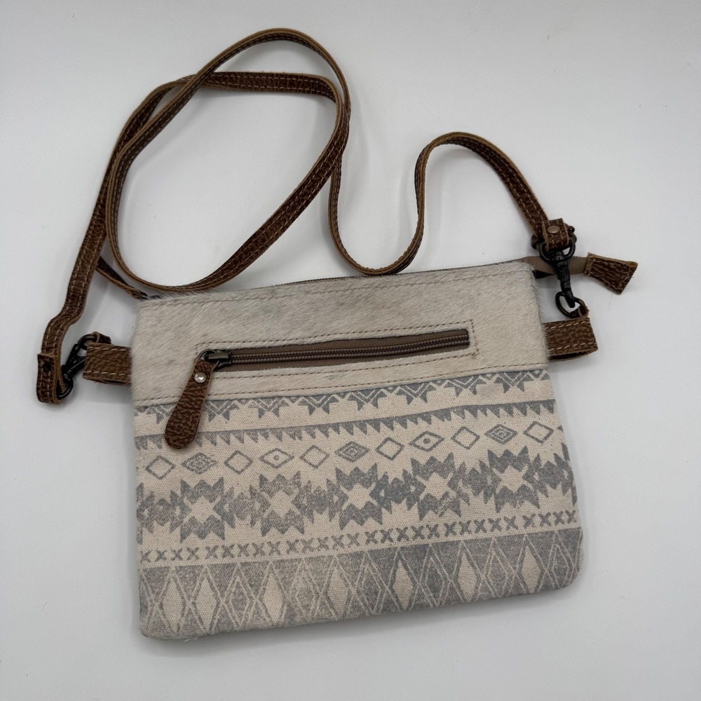 Myra‎ Bag Cowhide Canvas Crossbody Bag Geometric Southwestern Small Gray Brown